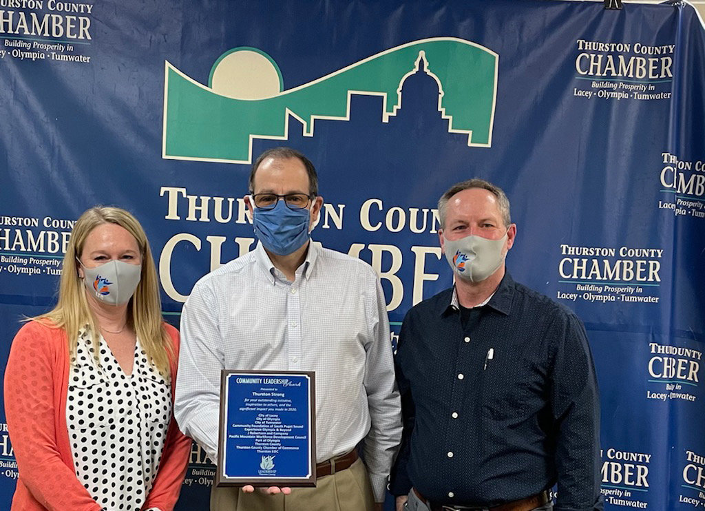 The Thurston County Chamber of Commerce received the 2020 Community Leadership Award from Leadership Thurston County (LTC) for the organization's part in the Thurston Strong initiative.